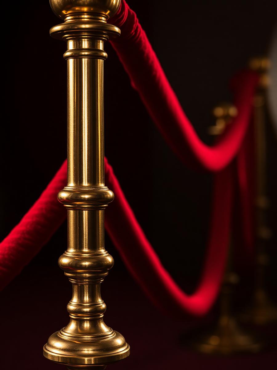 Close-up of a gold stanchion and red velvet rope