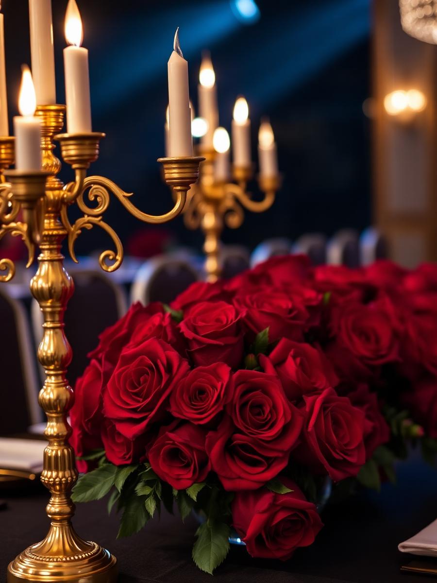 Gold candelabra and red roses on a dark banquet table