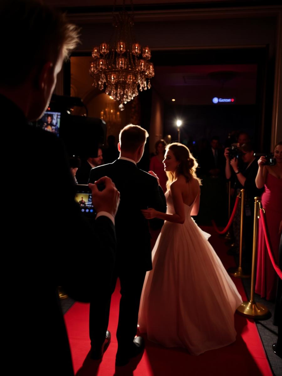 Photographers capturing a couple arriving on the red carpet