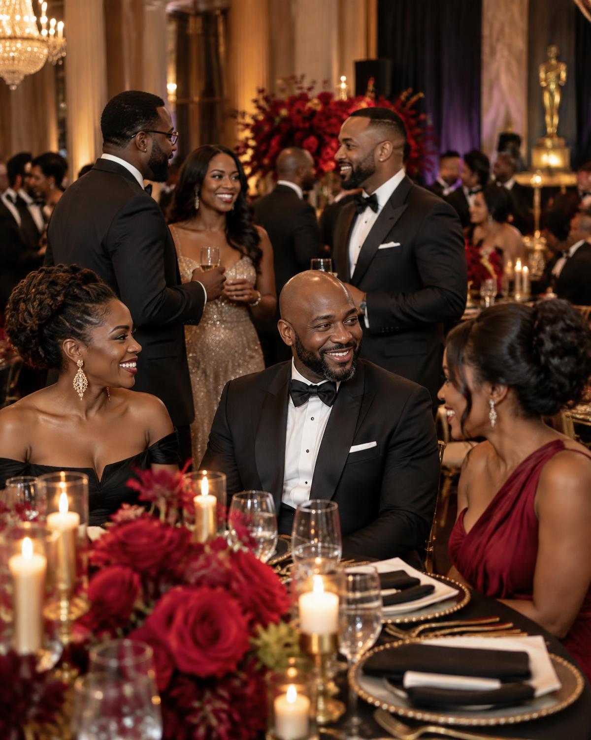 Black professionals gathering at an elegant candlelit awards gala